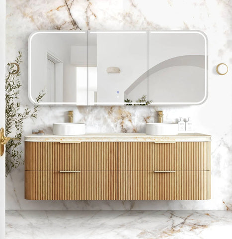 BV74 Plywood Fluted Oak Wall Hung Curve Vanity