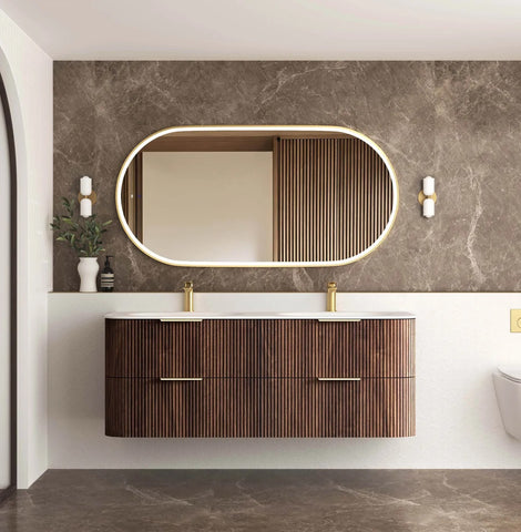 BV75 Plywood Fluted Walnut Wall Hung Curve Vanity