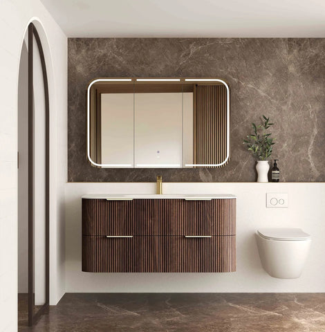 BV75 Plywood Fluted Walnut Wall Hung Curve Vanity