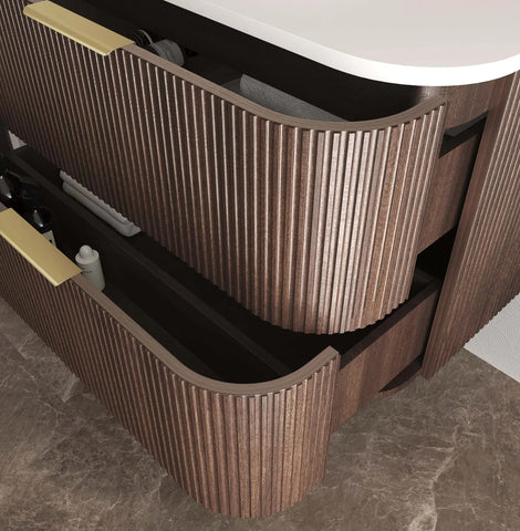 BV75 Plywood Fluted Walnut Wall Hung Curve Vanity