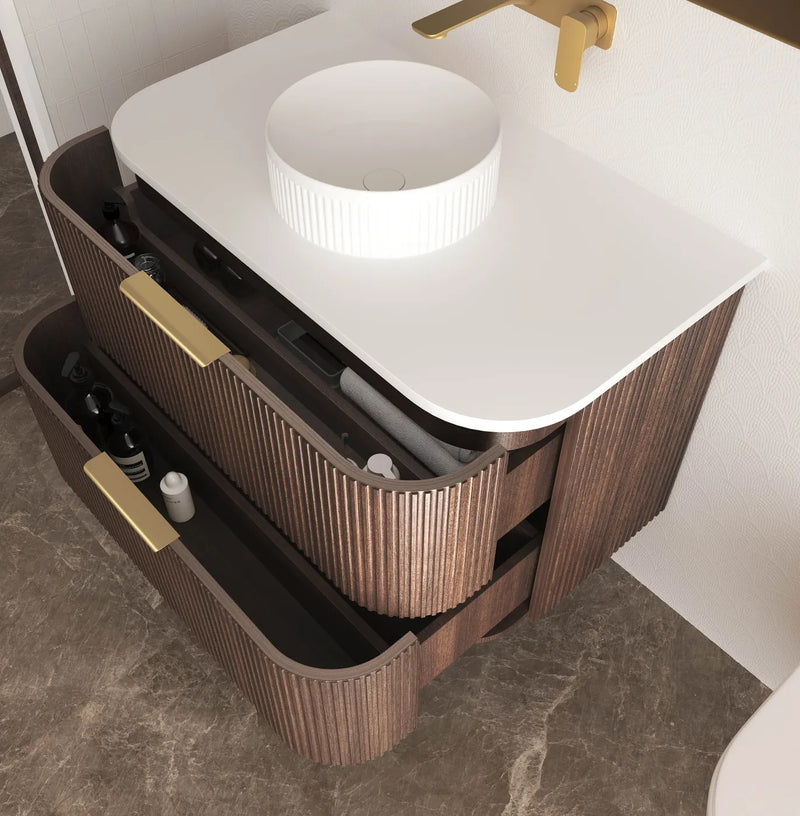 BV75 Plywood Fluted Walnut Wall Hung Curve Vanity - 600 / 750 / 900 / 1200 / 1500 / 1800mm