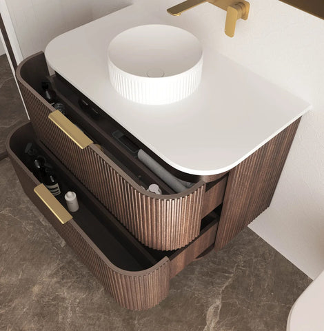 BV75 Plywood Fluted Walnut Wall Hung Curve Vanity