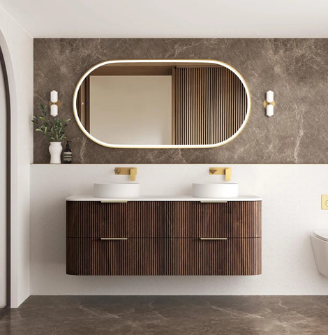 BV75 Plywood Fluted Walnut Wall Hung Curve Vanity