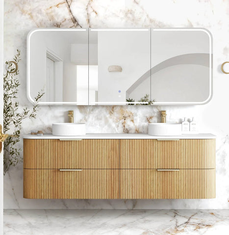 BV74 Plywood Fluted Oak Wall Hung Curve Vanity