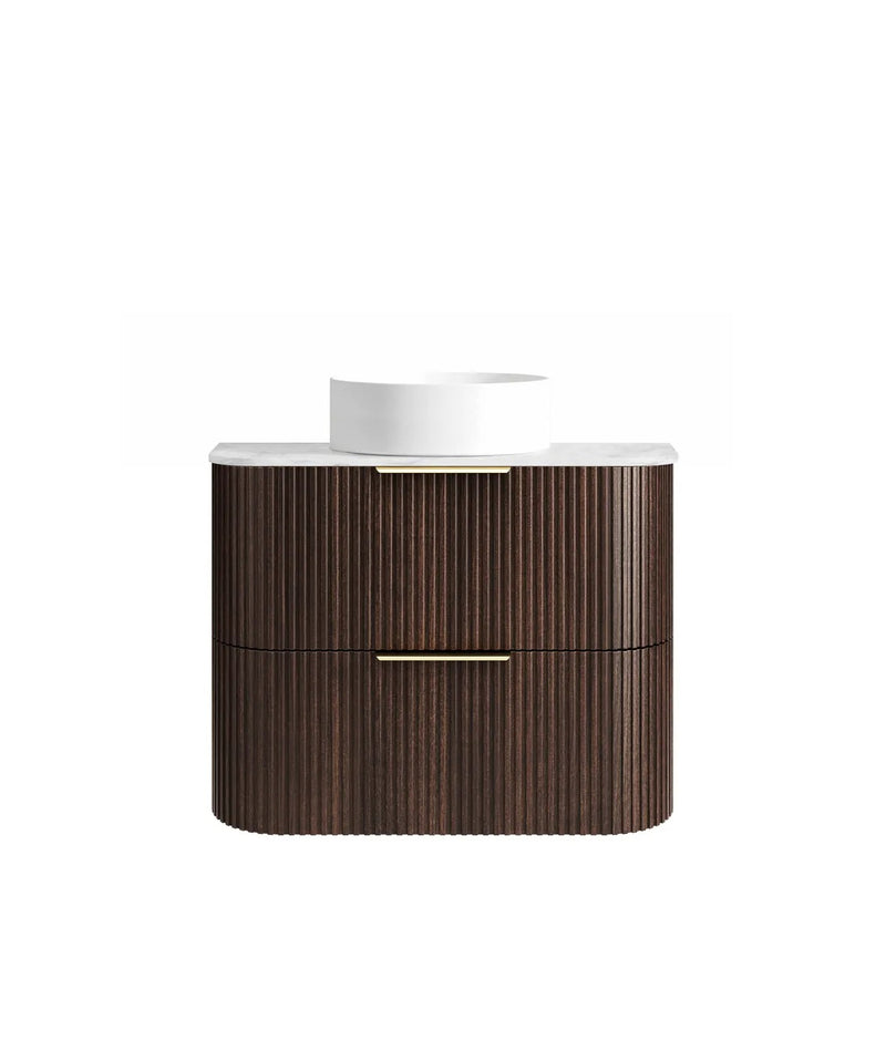 BV75 Plywood Fluted Walnut Wall Hung Curve Vanity - 600 / 750 / 900 / 1200 / 1500 / 1800mm
