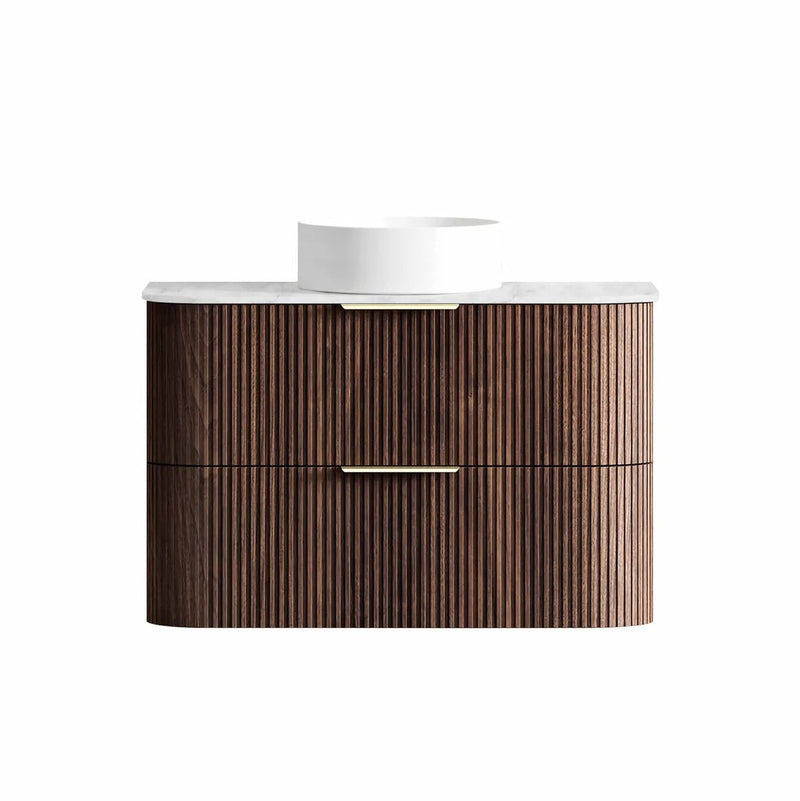 BV75 Plywood Fluted Walnut Wall Hung Curve Vanity - 600 / 750 / 900 / 1200 / 1500 / 1800mm