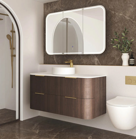 BV75 Plywood Fluted Walnut Wall Hung Curve Vanity