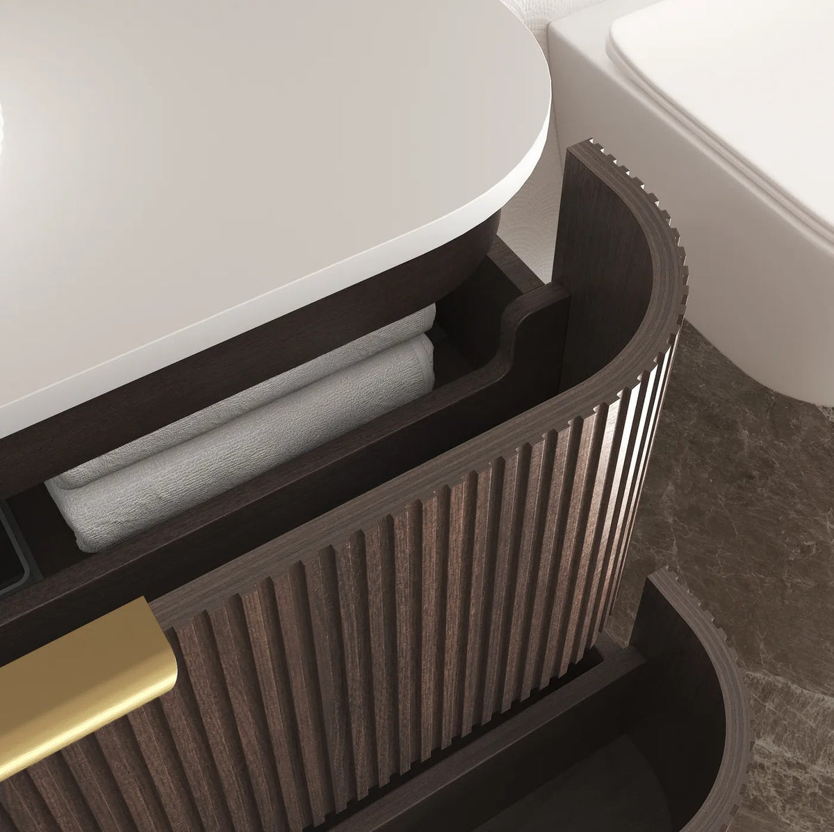BV75 Plywood Fluted Walnut Wall Hung Curve Vanity - 600 / 750 / 900 / 1200 / 1500 / 1800mm