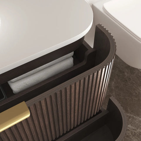 BV75 Plywood Fluted Walnut Wall Hung Curve Vanity