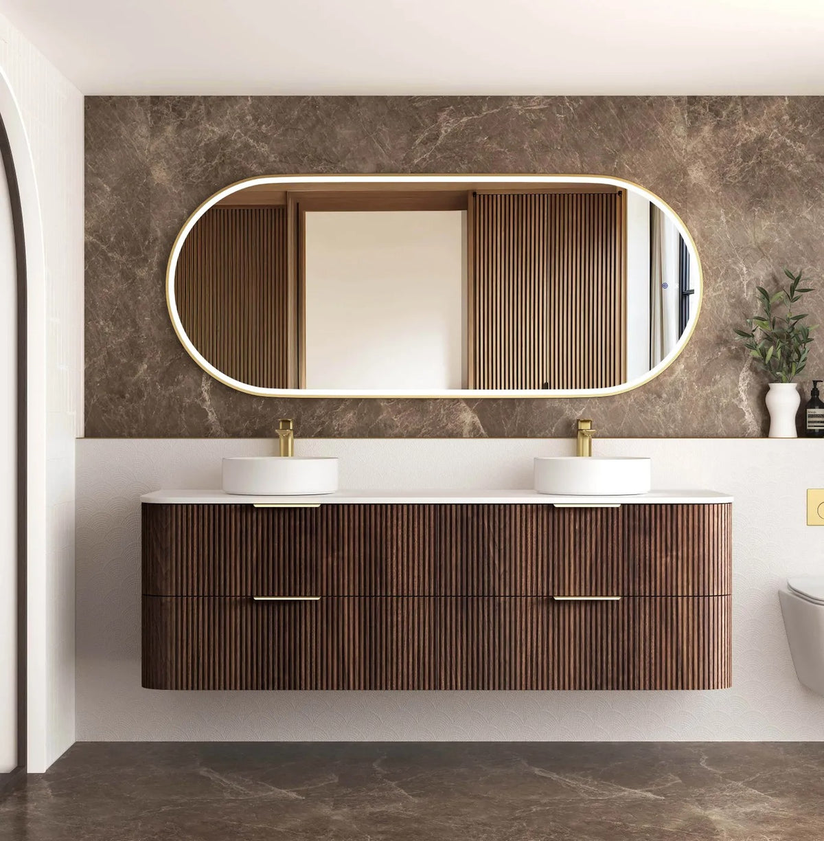 BV75 Plywood Fluted Walnut Wall Hung Curve Vanity - 600 / 750 / 900 / 1200 / 1500 / 1800mm