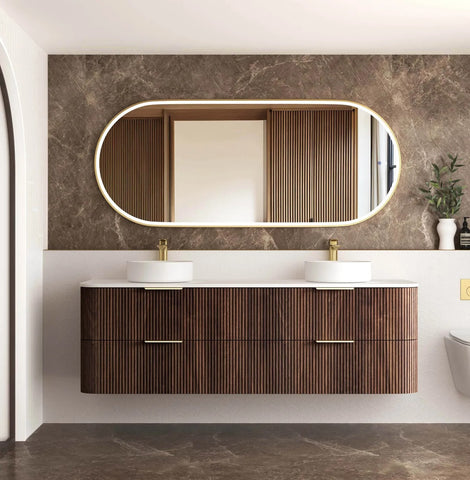 BV75 Plywood Fluted Walnut Wall Hung Curve Vanity
