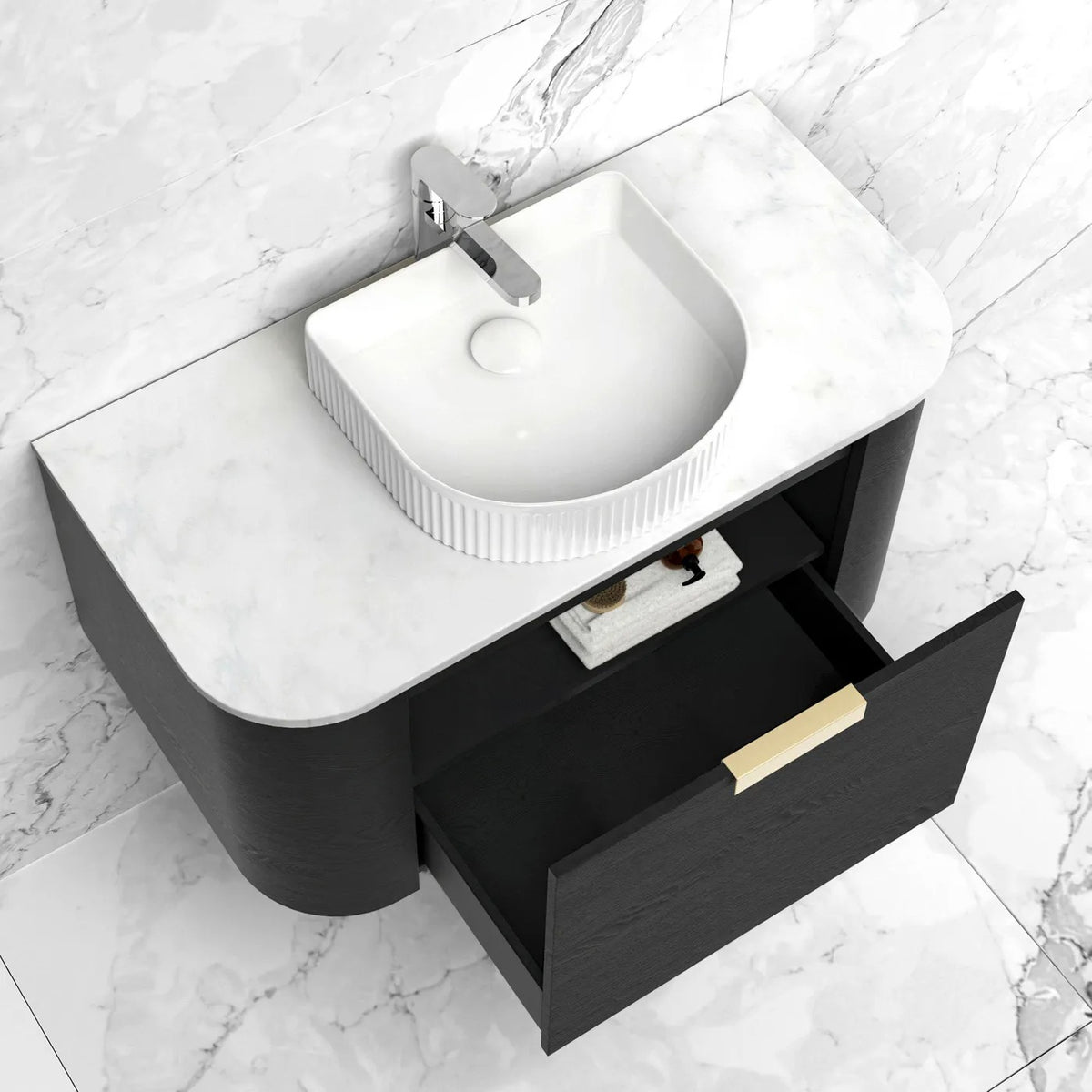 BV73 Curved Black Oak Wall Hung Vanity - 600 / 750 / 900 / 1200 / 1500 / 1800mm