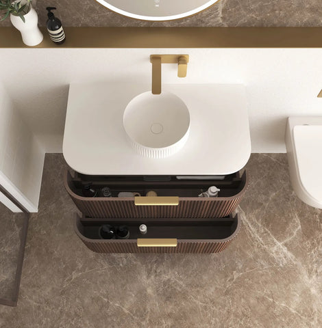 BV75 Plywood Fluted Walnut Wall Hung Curve Vanity