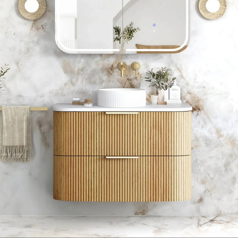 BV74 Plywood Fluted Oak Wall Hung Curve Vanity