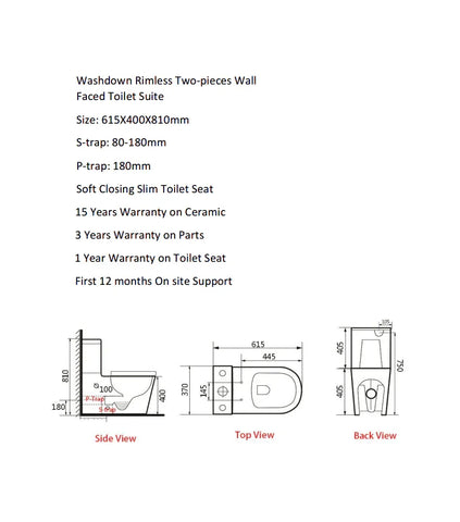 Short Projection Back To Wall Rimless Flush Toilet Suite with Soft Close Seat - White (4 Star)