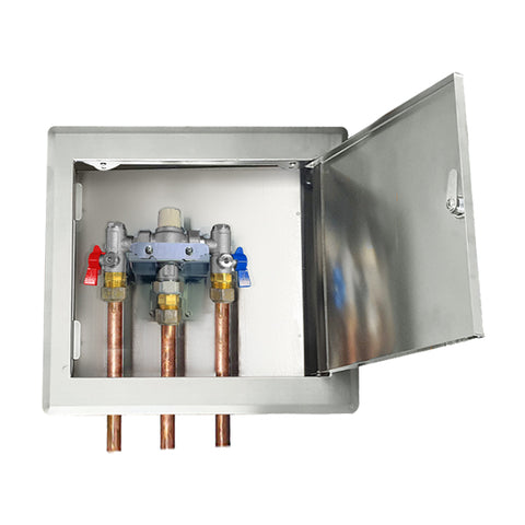 Gentec MVLF60153H NSW Health Approved Thermostatic Mixing Valve Lead Free DZR Brass Chrome Plated w/ Stainless Steel Recessed Enclosure with Hinged Lockable Lid and Copper Tails