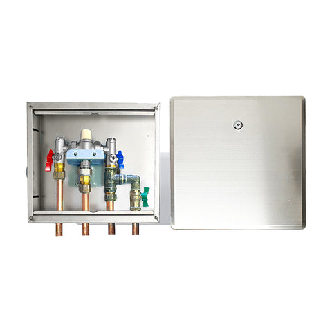 Gentec MVLF60154 NSW Health Approved Thermostatic Mixing Valve Lead Free DZR Brass Chrome Plated w/ Cold Water Bypass, Stainless Steel Recessed Enclosure with Recessed Lockable Lid and Copper Tails