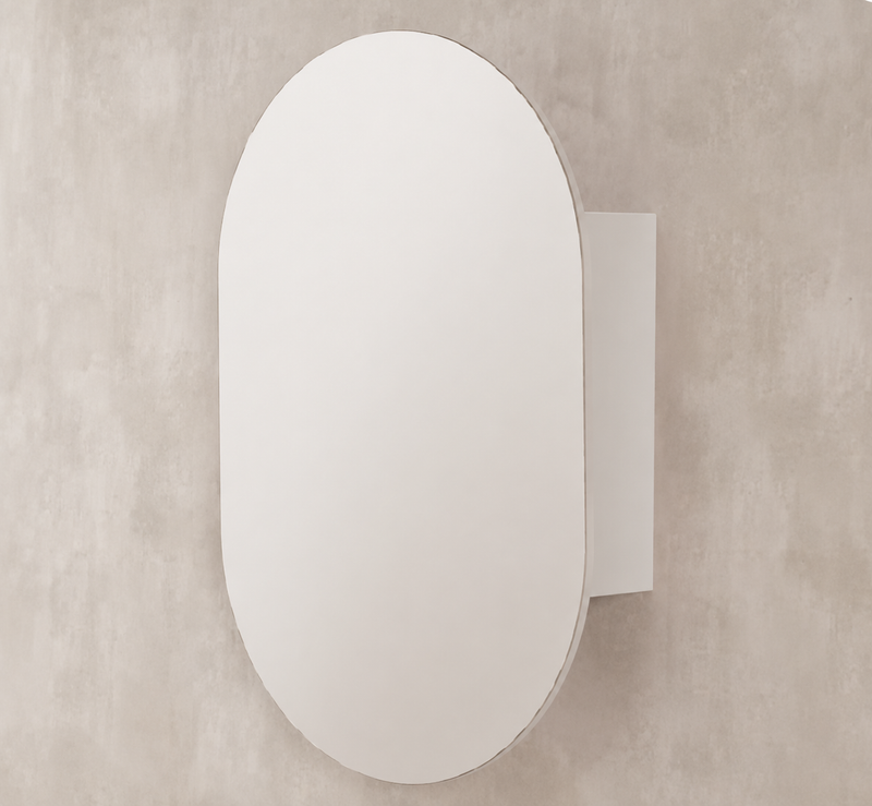 Pill Shape Mirror Cabinet Pencil Edge 600x900mm - Matte White / Woodgrain