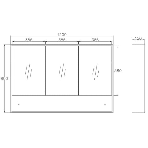 Mirror Cabinet with Open Shelf Pencil Edge - 600/750/900/1200/1500x800mm - Various Colours