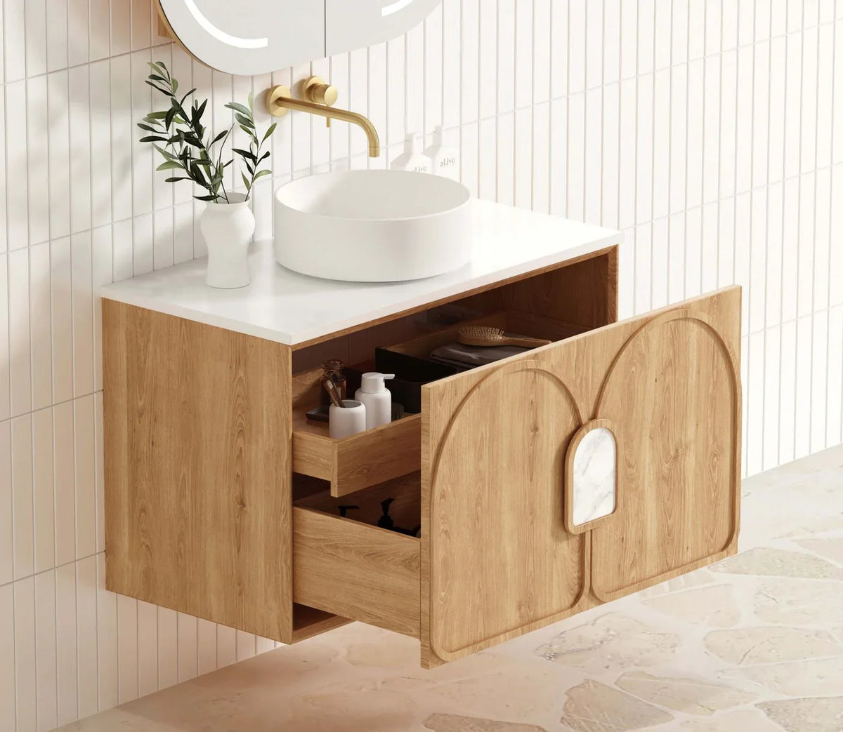 BV26WH Woodland Oak with Stone handle Wall Hung Vanity