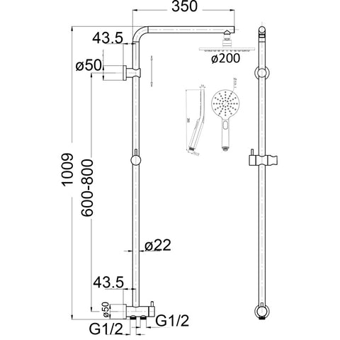 Retro-fit Round Dual Shower Rail - Chrome / Black