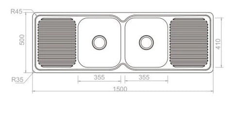 Double Bowls Kitchen Sink with Double Drainers 1500 x 500mm - Stainless Steel