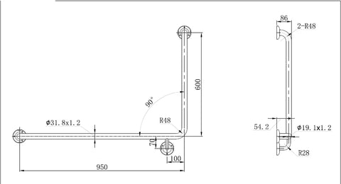 CARE Grab Rail Angled 90 degree 950x600mm Left / Right Hand - Various Colours