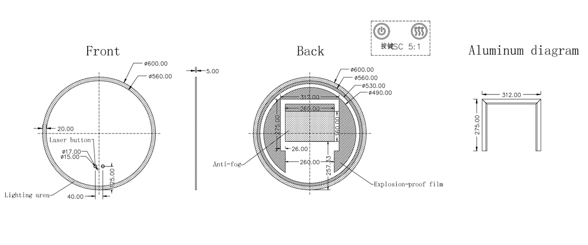 Round Frameless LED Mirror (Back Lit) with Demister 600mm / 750mm / 900mm