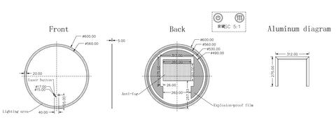 Round Frameless LED Mirror (Back Lit) with Demister 600mm / 750mm / 900mm