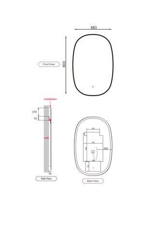 Oval Shape LED Mirror Touchless switch with Demister 580x900mm - Frameless / with Frame