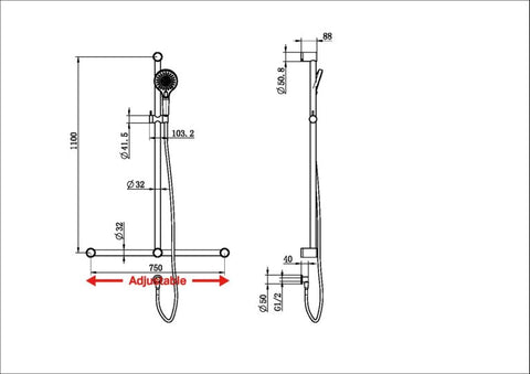 Mecca Care 32mm T Bar Grab Rail Shower - Various Colours