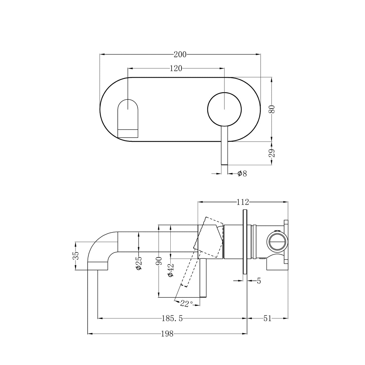 Nero Tapware WBM43 Zen Round Wall Basin/Bath Mixer Set with 185mm Reach Spout - Various Colours