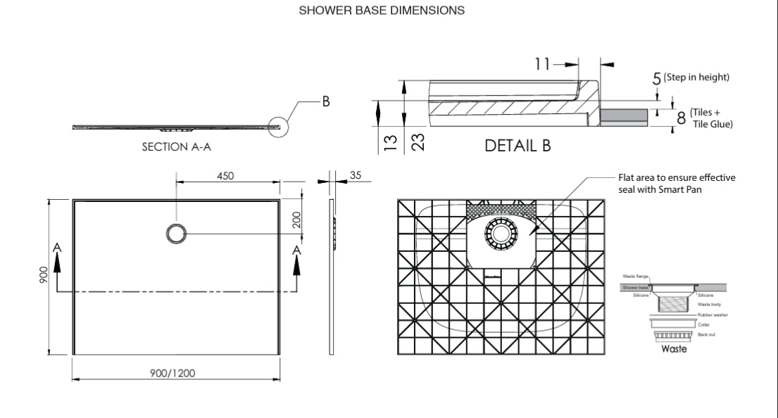 Super Slim /Ultra Low Profile SMC Shower Base with Mesh Waste Cover - Various Sizes