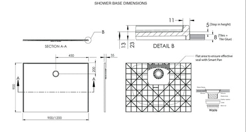 Super Slim /Ultra Low Profile SMC Shower Base with Mesh Waste Cover - Various Sizes