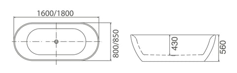 Bondi Oval Freestanding Bath 1600 / 1800 mm - Gloss White