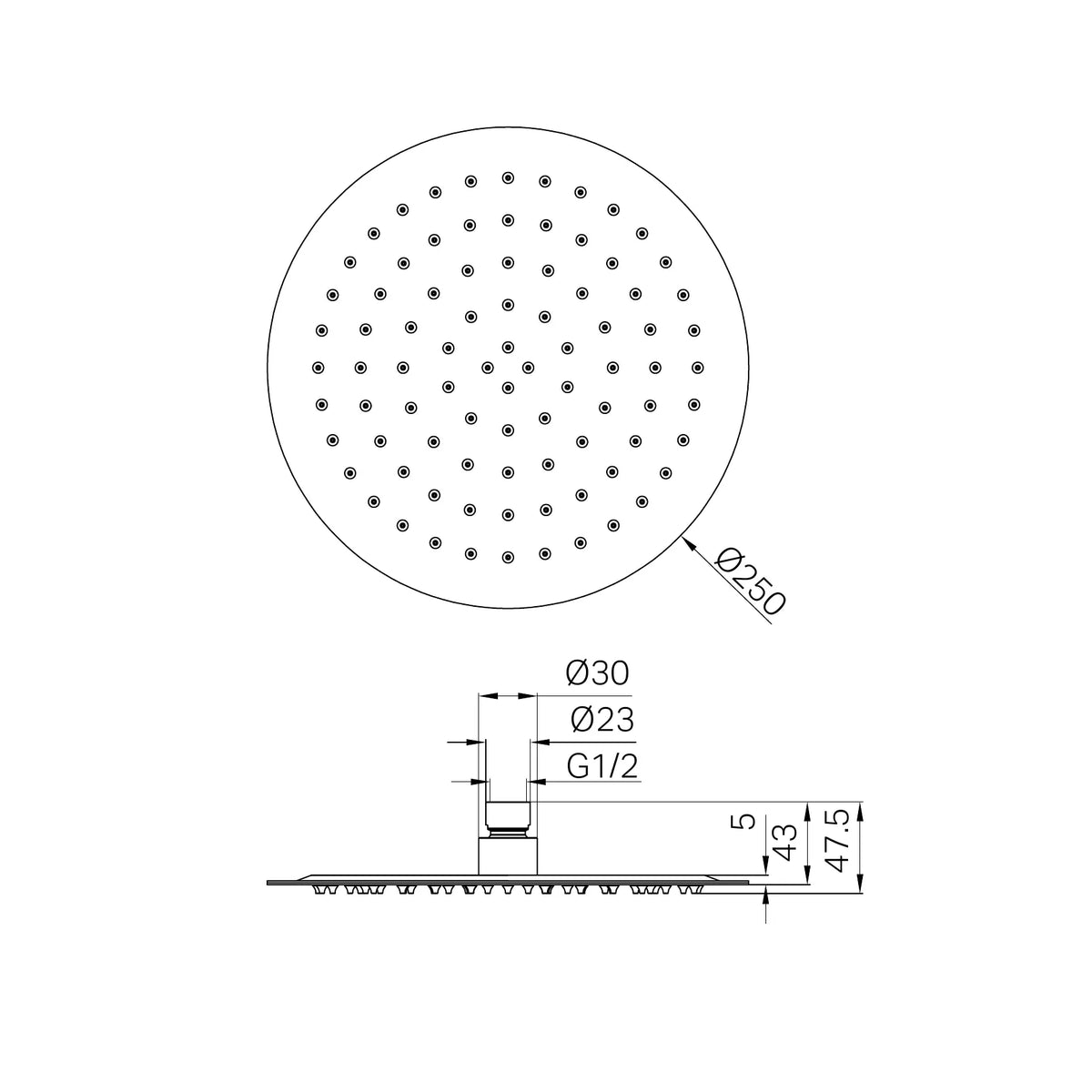 Round Wall Gooseneck Swivel Arm with Overhead Shower Head 250mm- Various Colours