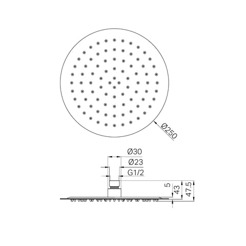 Round Wall Gooseneck Swivel Arm with Overhead Shower Head 250mm- Various Colours