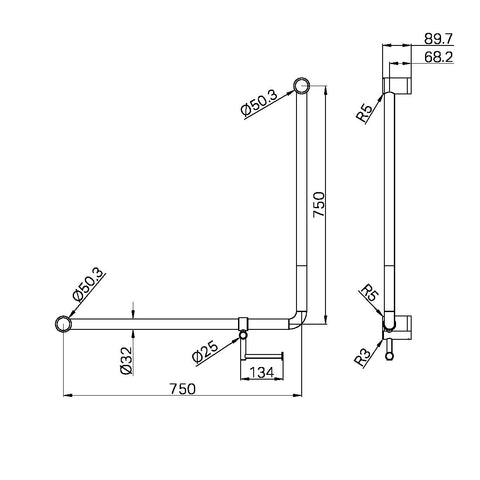 Mecca Care 90 Degree 750x750mm Grab Rail with toilet roll holder - Various Colours
