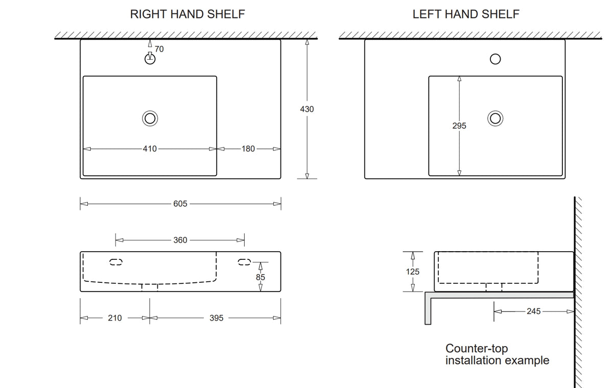 Milano Gloss White Wall Hung Ceramic Basin (No Taphole) 605x420mm - Left Hand / Right Hand
