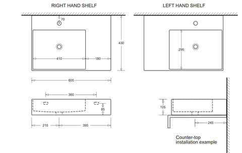 Milano Gloss White Wall Hung Ceramic Basin (No Taphole) 605x420mm - Left Hand / Right Hand