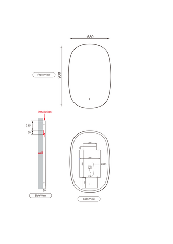 Oval Shape LED Mirror Touchless switch with Demister 580x900mm - Frameless / with Frame