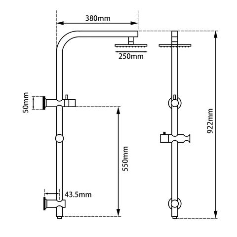 Round Dual Shower Rail with Slim Hand Shower - Various Colours