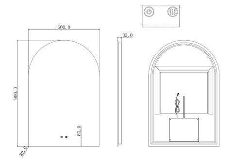 Arched Shape LED Mirror Touch-on switch 600x900mm - Frameless