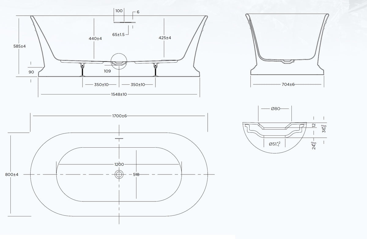 Oxford Freestanding Bath with Overflow 1700x800mm - Gloss White