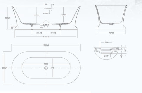 Oxford Freestanding Bath with Overflow 1700x800mm - Gloss White