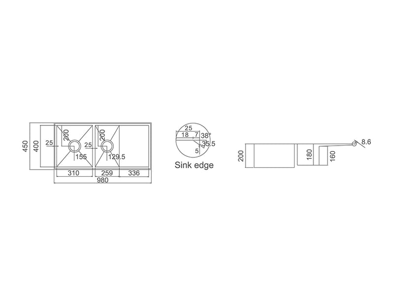 Double Bowls with Drainer Topmount / Undermount Kitchen Sink 980x450mm - Stainless Steel