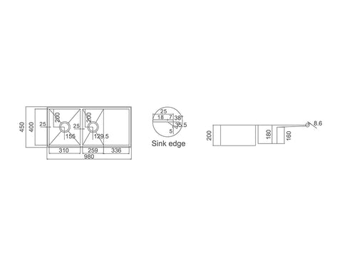 Double Bowls with Drainer Topmount Kitchen Sink 980x450mm - Stainless Steel