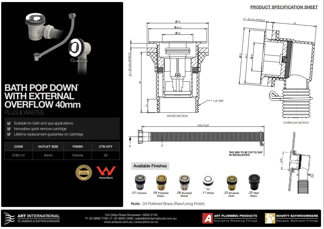 Chrome Bath Pop Down with Overflow (21821.01) (Stock Clearance)