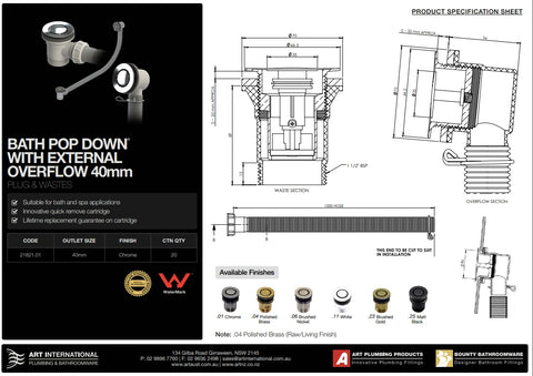 Chrome Bath Pop Down with Overflow (21821.01) (Stock Clearance)