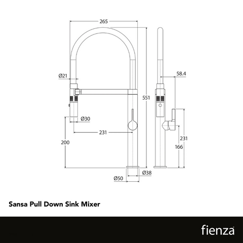 Fienza Sansa Matte Black Pull Down Sink Mixer (229109BUB) - Floor Display Clearance